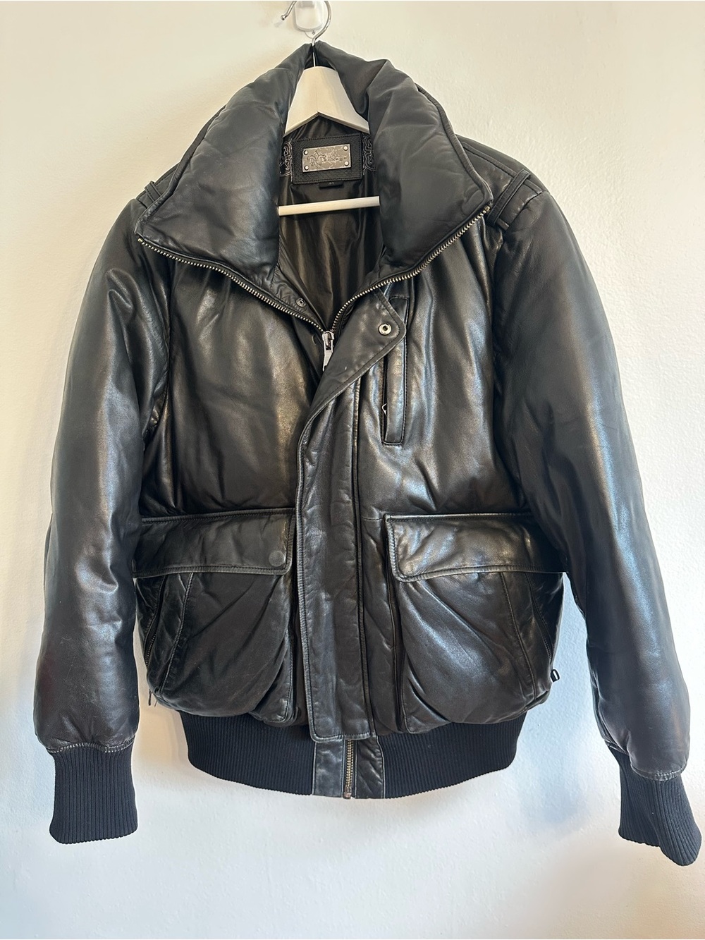 Mackage Black Leather Puffer Jacket with High Collar